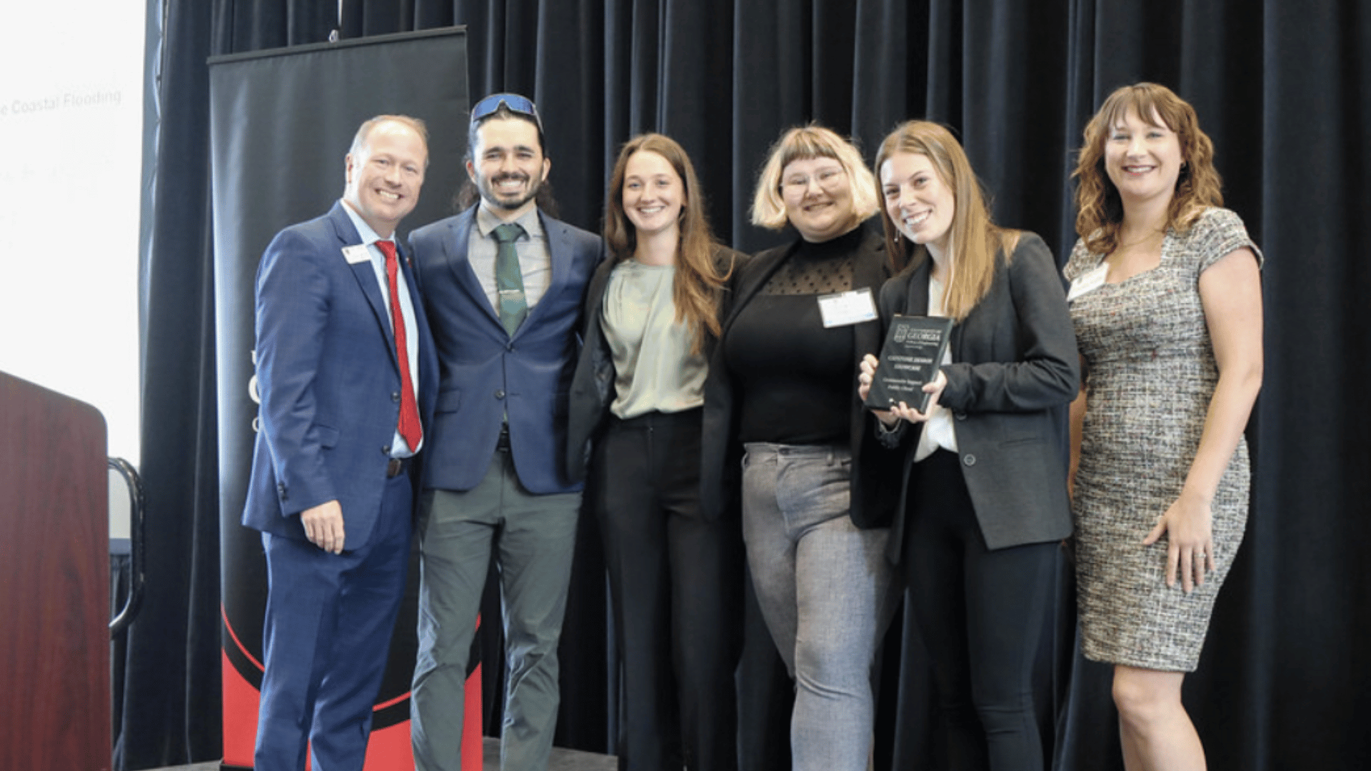 Show, from left, are the interim dean of the College of Engineering Stephen Durham, Benjamin Smith, Sarah Younce, Skylar Gray, Clare Deberry, and College of Engineering director of experiential programs and student success assessment Lauren Anglin at the 2024 Engineering Capstone Design Showcase. (Submitted photo)