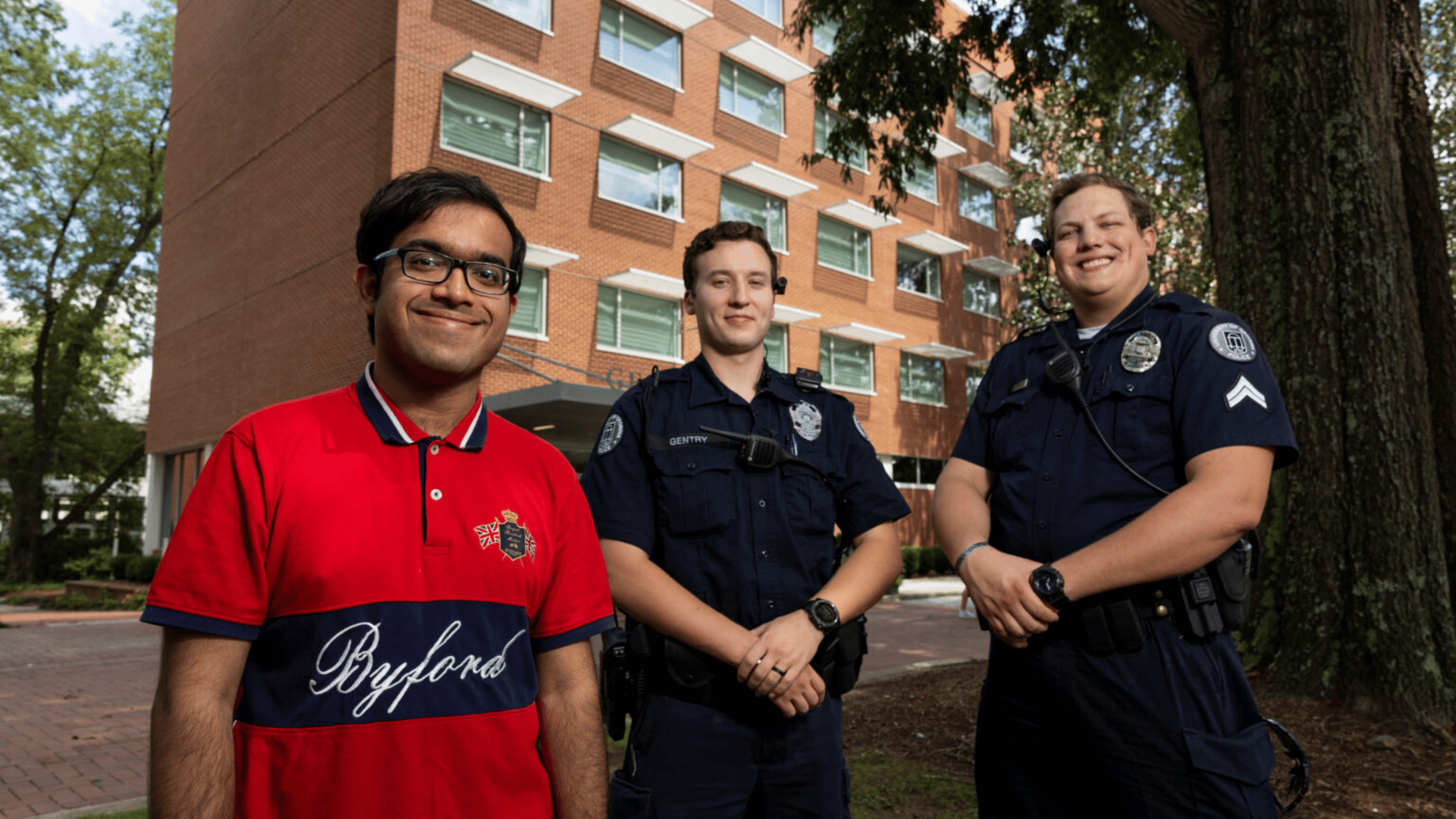 Akash Singha Roy, left, was assisted by UGA Police officers SPO Connor Gentry and Corporal James Jackson in finding a place to stay when he arrived to Athens to find his lodging was unavailable. (Photo by Andrew Davis Tucker/UGA)